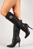 Anne Michelle Rhinestone Emblem Pointy Toe Knee High Boot