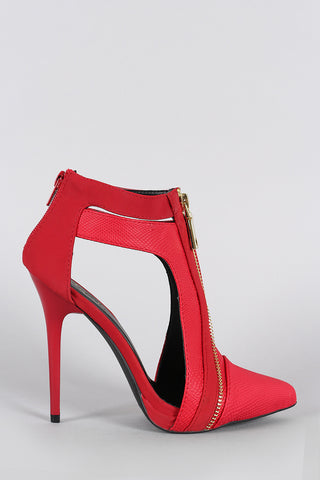 Qupid Zipper Snake Embossed Pointy Toe Cutout Stiletto Heeled Booties