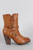 Zipper Strappy Buckle Quilted Chunky Heeled Mid Calf Boots