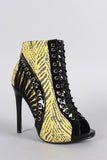 Abstract Print Corset Peep Toe Stiletto Booties