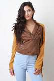 Zipped Up Two Tone Suede Fringe Long Sleeves Jacket