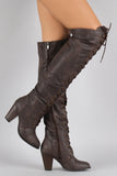 Almond Toe Lace Up Stacked Heeled Over-The-Knee Boots