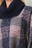 Plaid Contrast Turtleneck Fringe Poncho