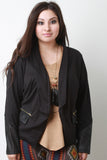 Perforated Vegan Leather Trim Open Front Blazer