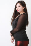 Necklace Curvy Leather Panel Mesh Long Sleeve Top