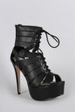 Anne Michelle Caged Peep Toe Lace Up Platform Heel