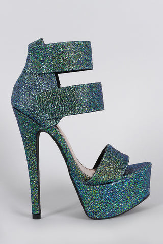 Anne Michelle Iridescent Ankle Cuff Open Toe Chunky Platform Heel