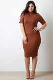 Mock Neck Elbow-Sleeves Bodycon Midi Dress