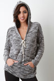 Marled Knit V-Neck Drawstring Hoodie Sweater