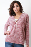 Marled Knit V-Neck Drawstring Hoodie Sweater
