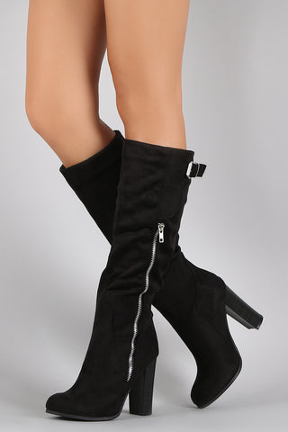 Wild Diva Lounge Suede Buckled Zipper Heeled Knee High Boots