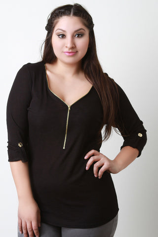 Ribbed Knit Zipper Neckline Top