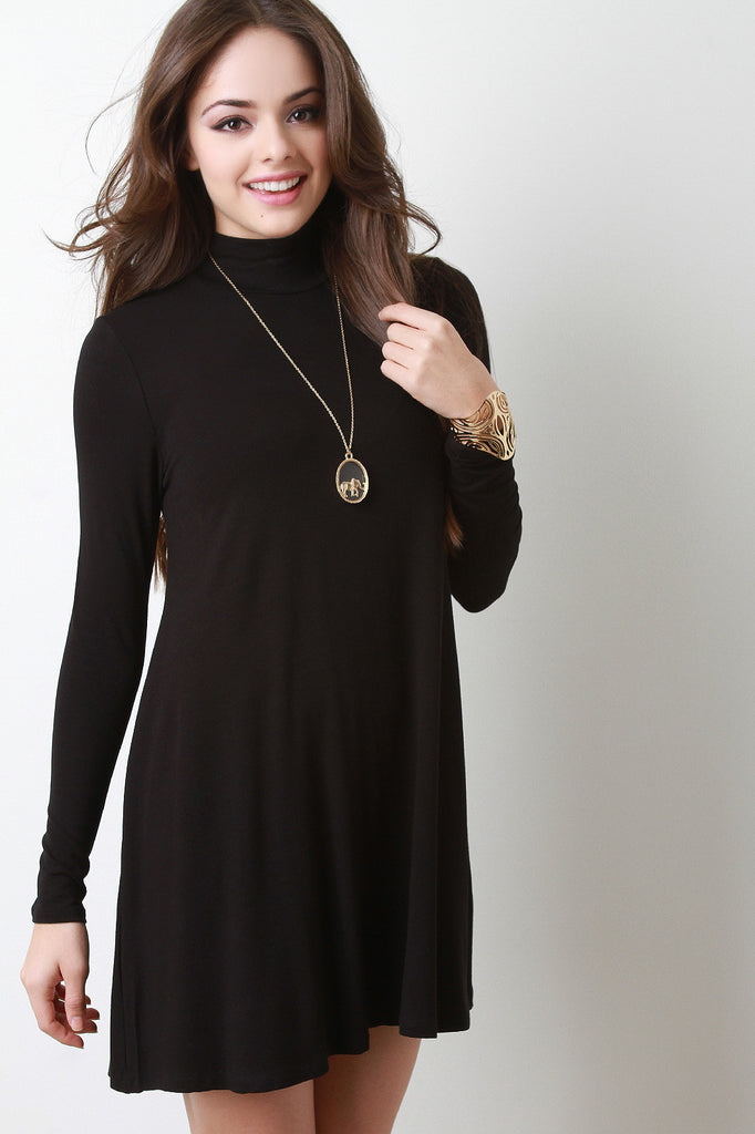 Mock Neck Long Sleeves Swing Mini Dress